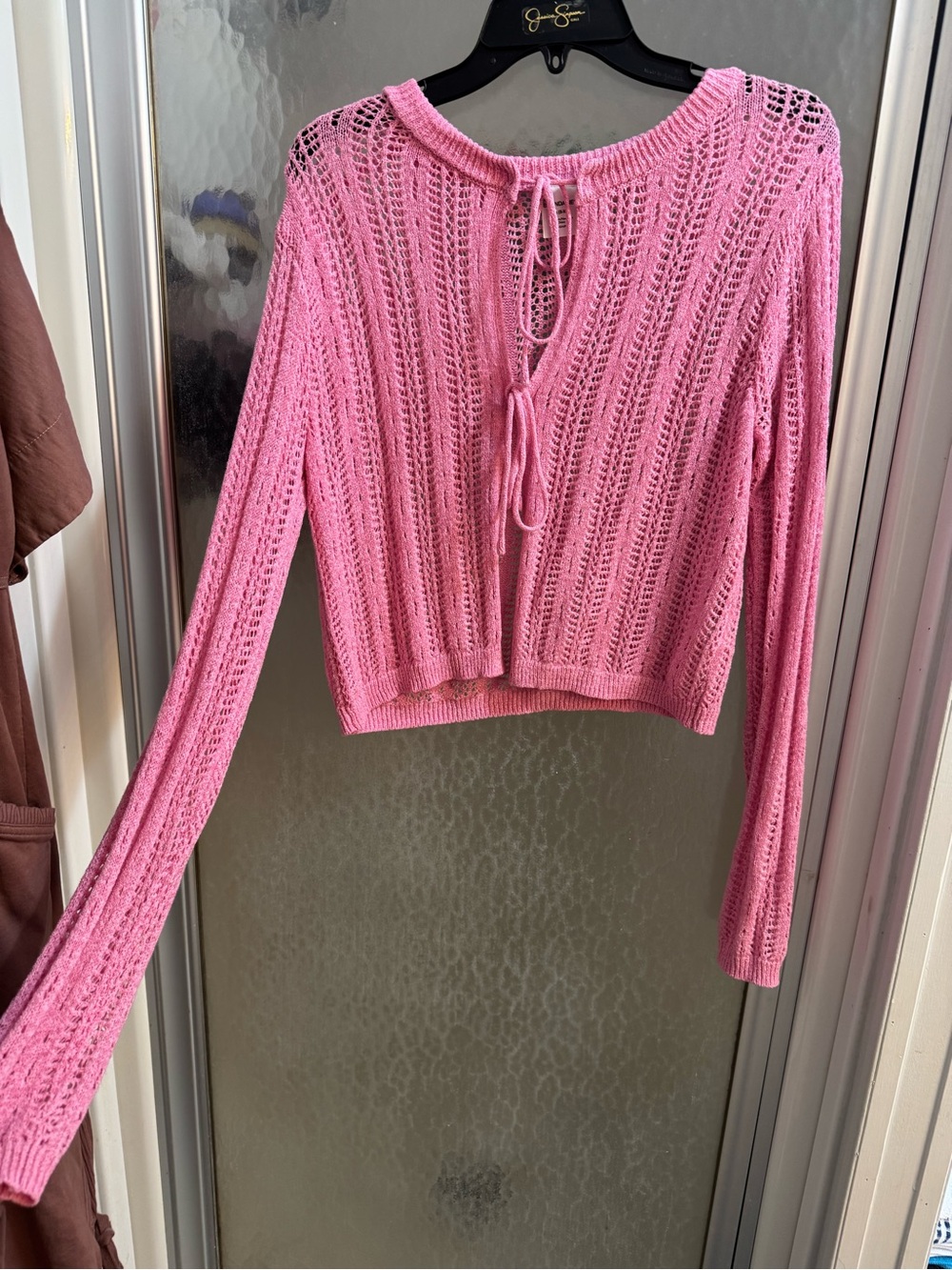 Pink Open-Knit Tie Sweater Top